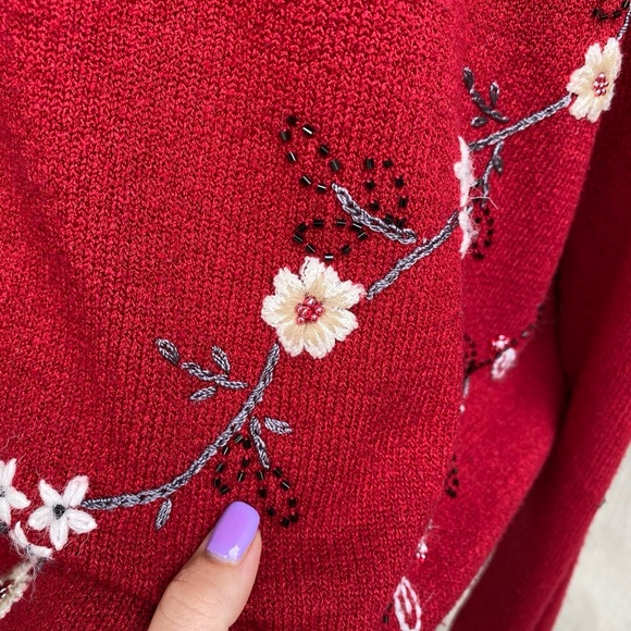 Vintage 90s Red Embroidered Grandma Sweater - Picture 3 of 4
